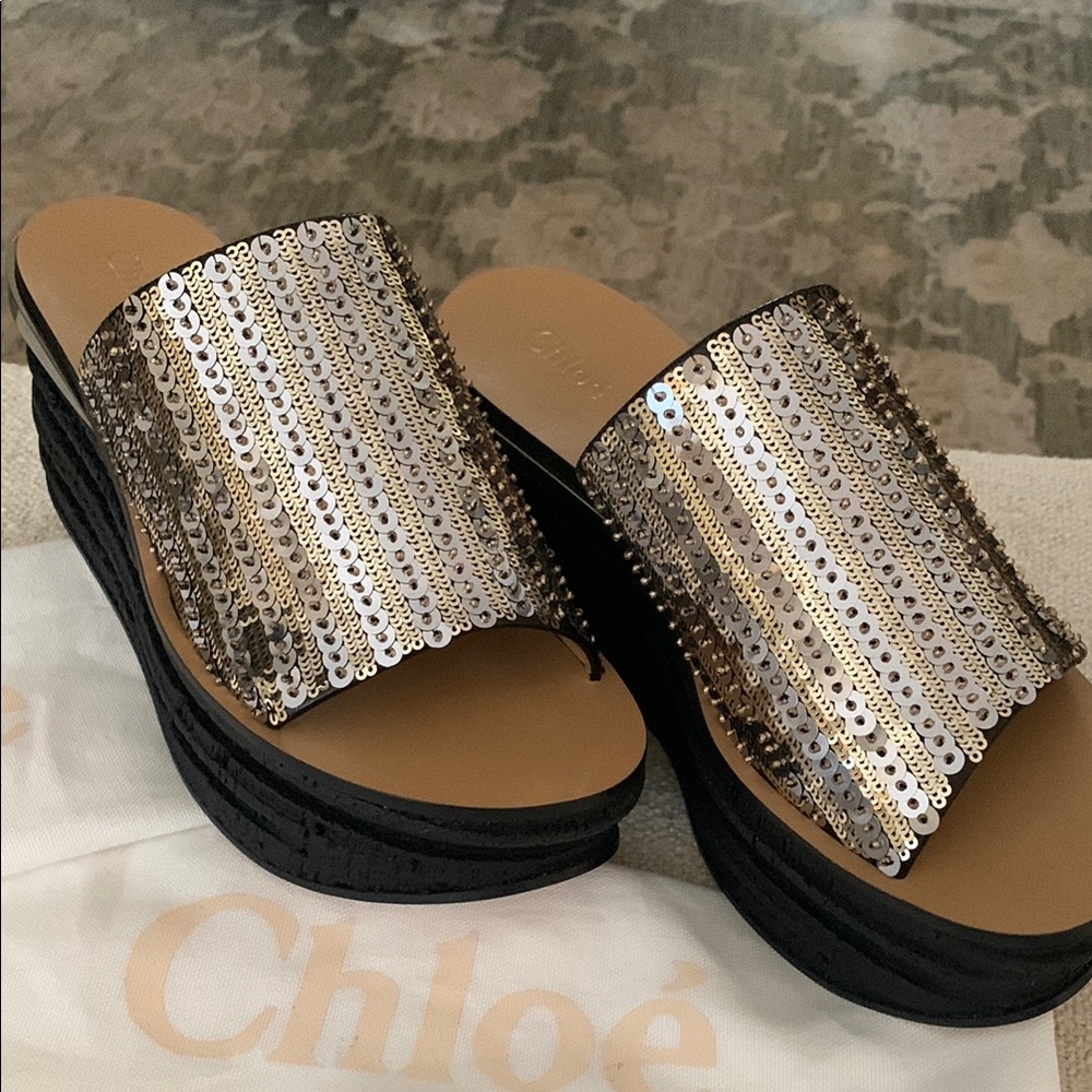 Chloe Gold and Black Sandals with Crystal Embellishments
